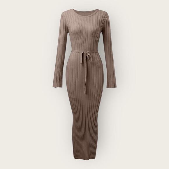 NWT | WAYF | Ribbed Knit Belted Midi Dress | Taupe | Size M - Picture 1 of 13